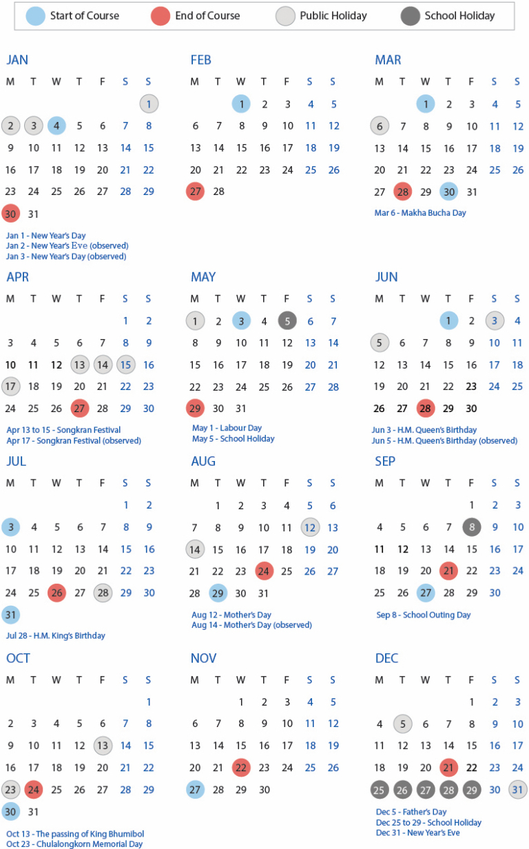 English Calendar | Thai Language School Bangkok | Duke Language