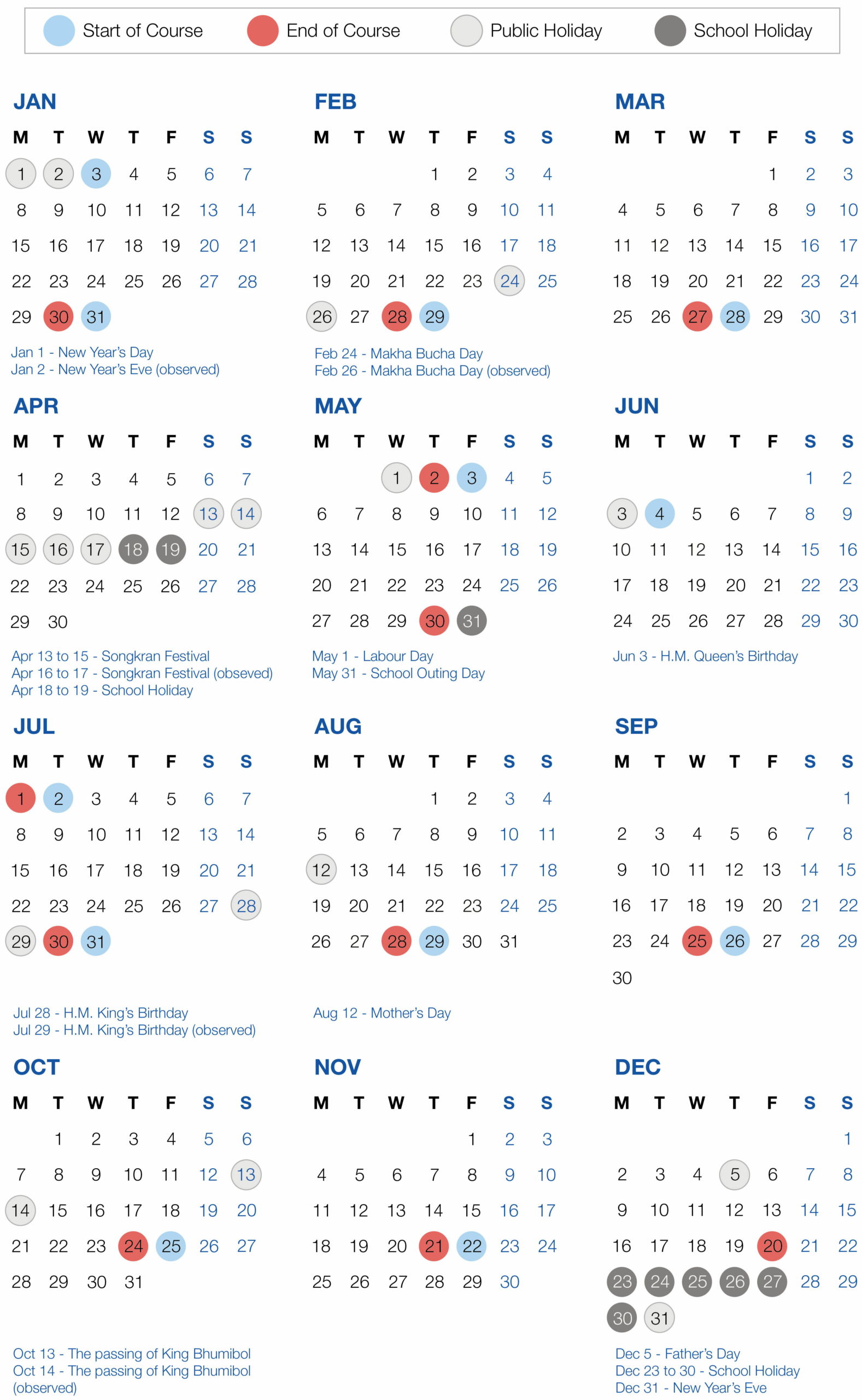 Calendar | Thai Language School Bangkok | Duke Language